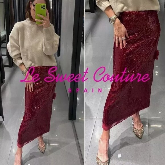 NWT Zara Burgundy Red Sequin Midi Skirt - size XS - Picture 5 of 11